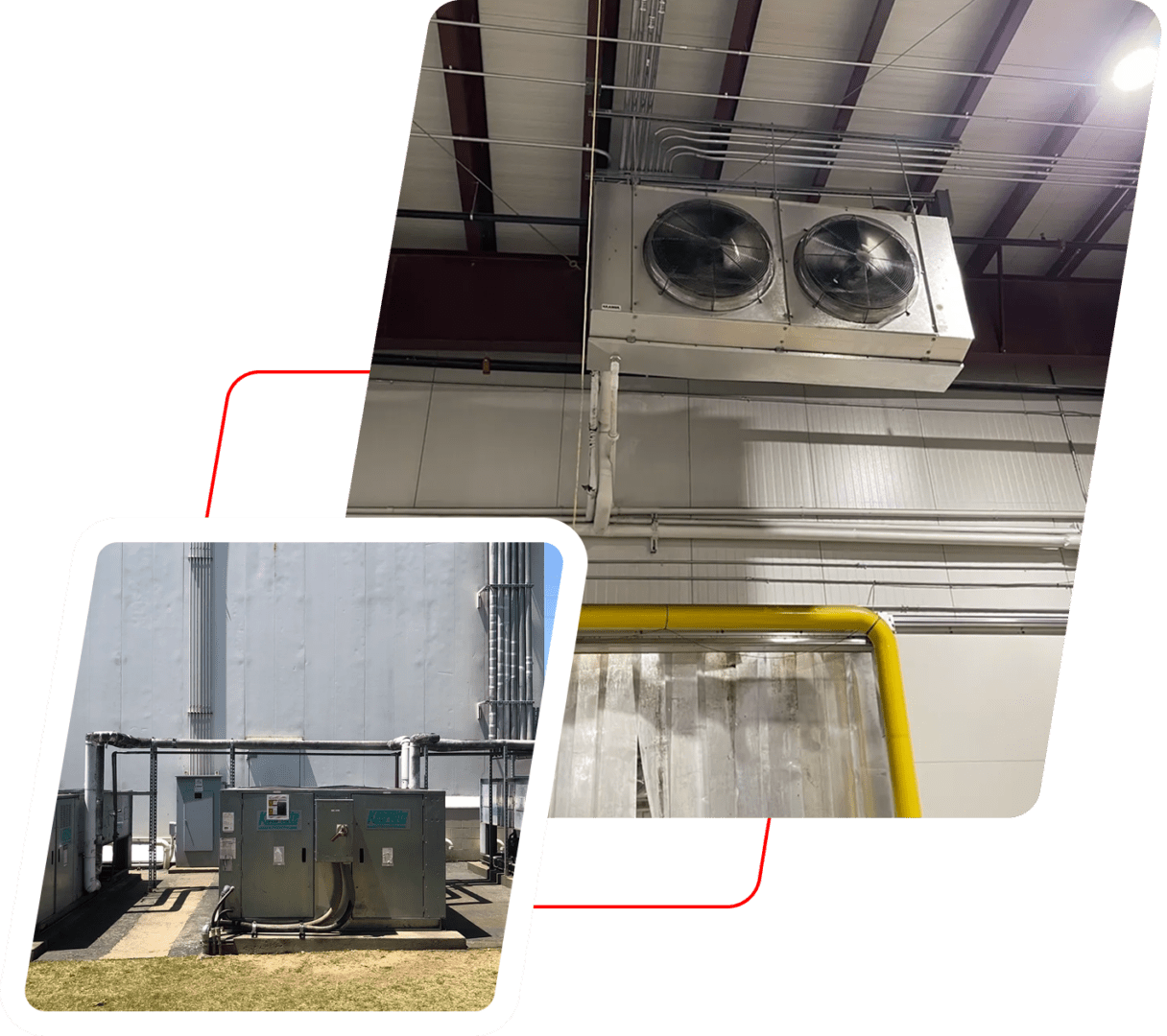 Group 28 Two industrial air handling units: one outside a building, the other mounted indoors, with visible ductwork and metal beams.