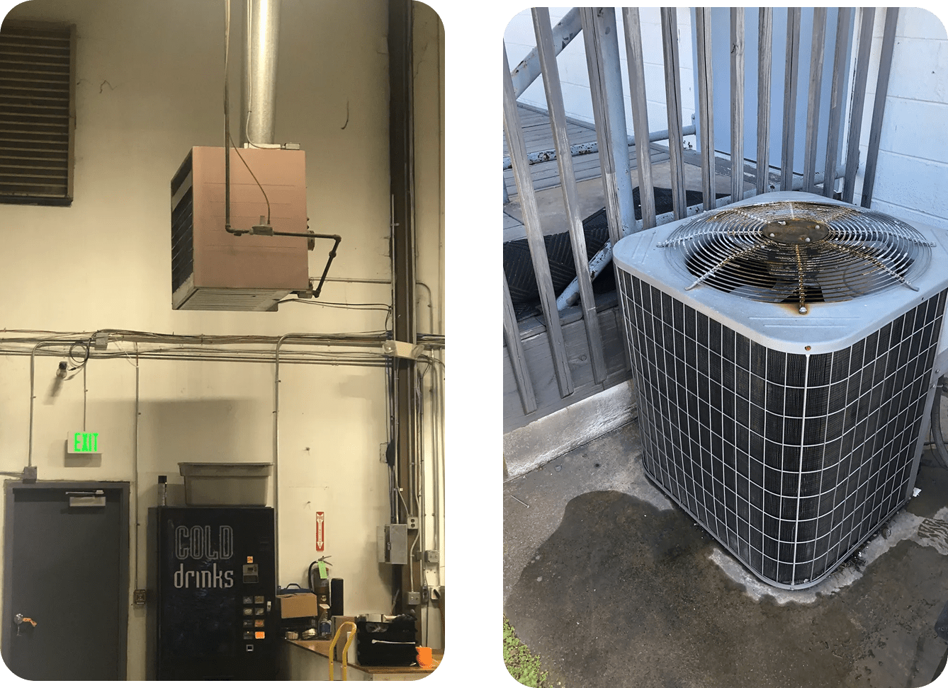 Group 38 Left image shows a mounted indoor HVAC unit near a vending machine. Right image shows an outdoor central air conditioner beside a metal fence.