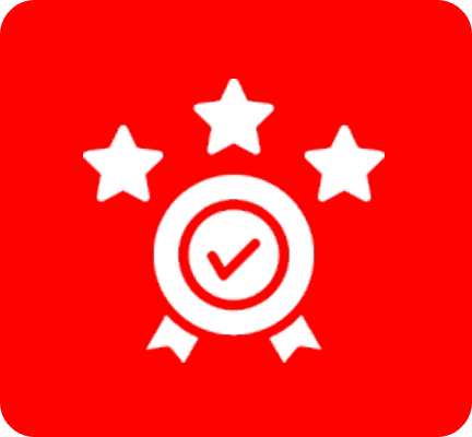 Group 44 Red icon featuring a white checkmark inside a circle with ribbons, flanked by three stars.