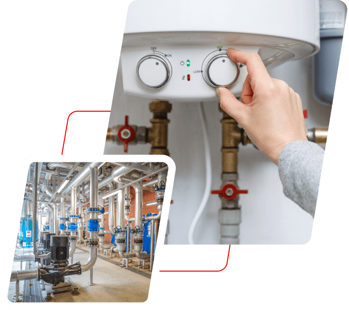 h1 03 A person adjusts a knob on a water heater. Below is an industrial room with pipes and valves.