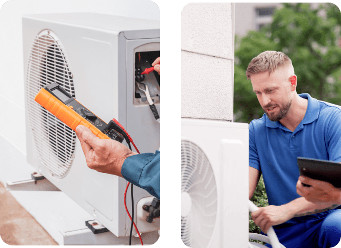 h2 01 Technicians inspecting outdoor air conditioning units; one uses a multimeter, another checks with a digital tablet.