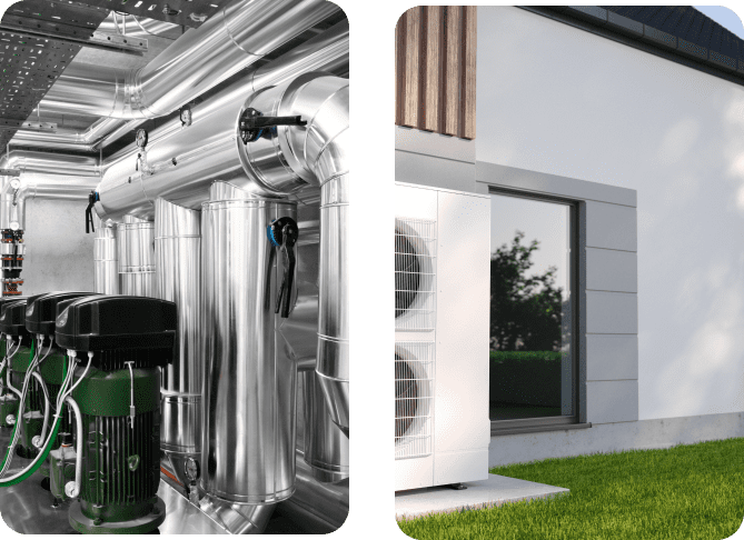 h2 02 Industrial pumps and metal pipes in a facility on the left; white exterior of a modern building with two heat pump units outside on the right.