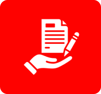 icon 3 Icon of a hand holding a document and pen on a red background.